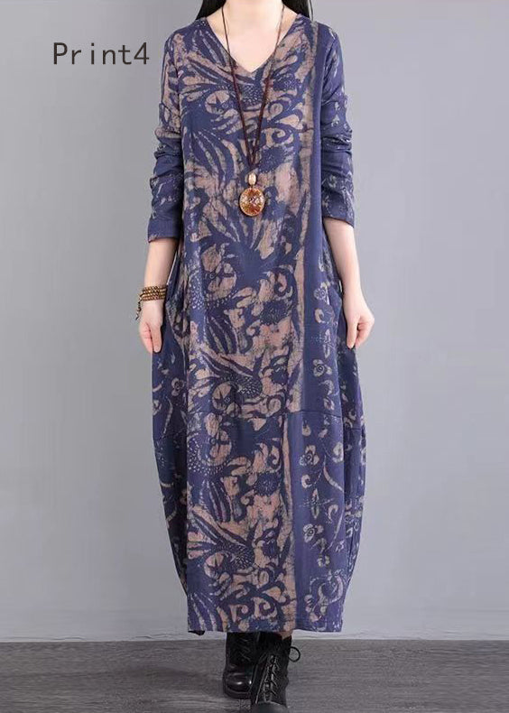 V Neck Print Patchwork Cotton Long Dresses Fall