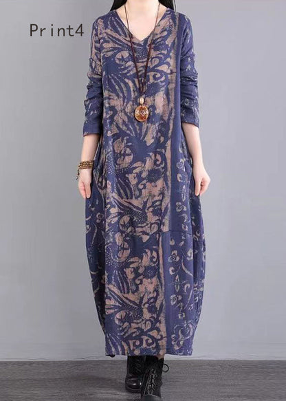 V Neck Print Patchwork Cotton Long Dresses Fall