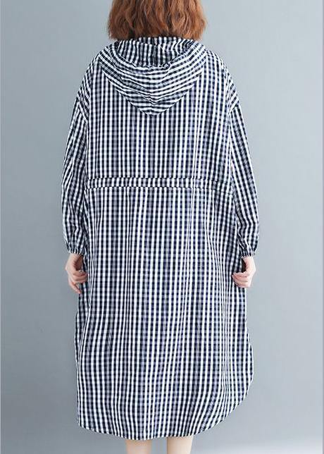 100% Black Plaid Clothes Hooded Drawstring Spring Dresses