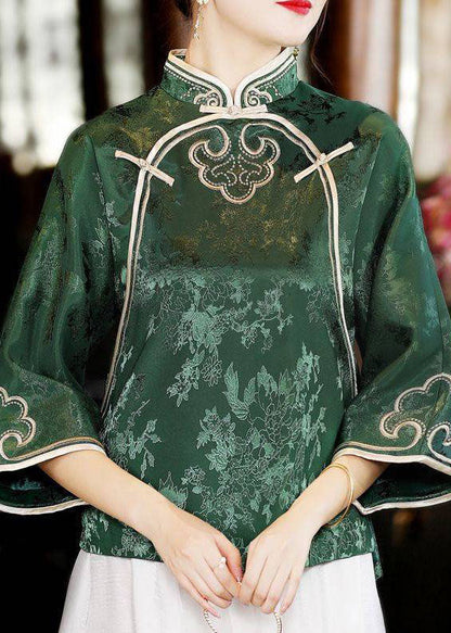 Oriental Green Stand Collar Button Silk Tops Three Quarter Sleeve