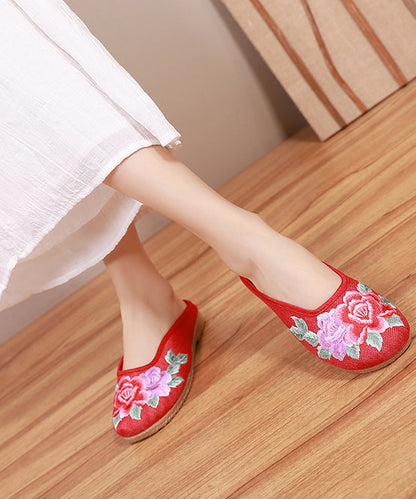 Red Slide Sandals Embroideried Linen Fabric Slides for