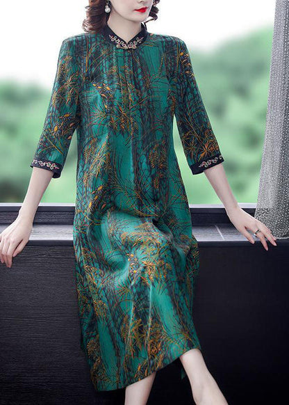 Green Stand Collar Print Silk Dress Half Sleeve