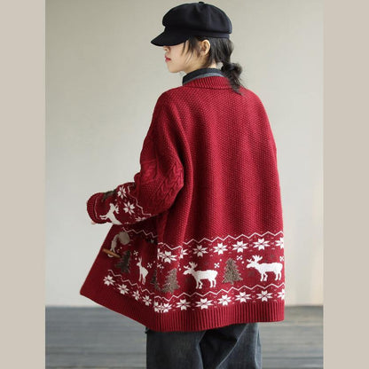 Aesthetic Red Knit Jacket Loose Fitting Loose Deer Print Knit Outwear