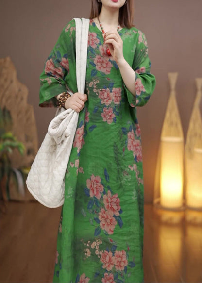 Green O-neck Print Long Dress Spring
