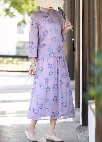 Purple Mandarin Collar Print Linen Two Pieces Set Summer