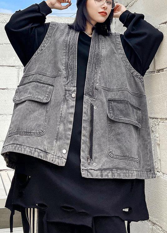 Organic Denim Gray Crane Tops Pockets Spring Tops