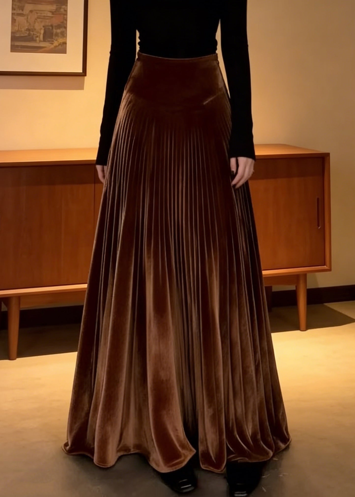 Coffee Elastic Waist Silk Velvet Maxi Skirts Spring