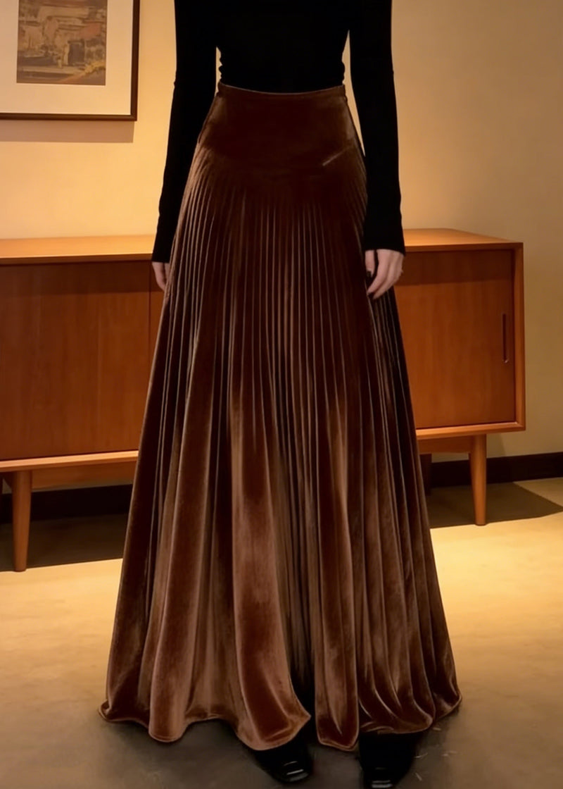 Coffee Elastic Waist Silk Velvet Maxi Skirts Spring