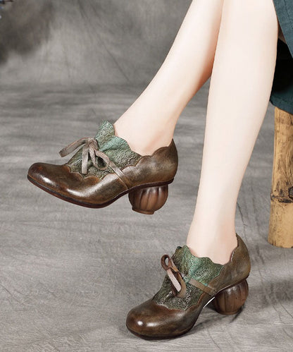 Camel Lace Up Embossed Splicing Cowhide Leather Chunky High Heels