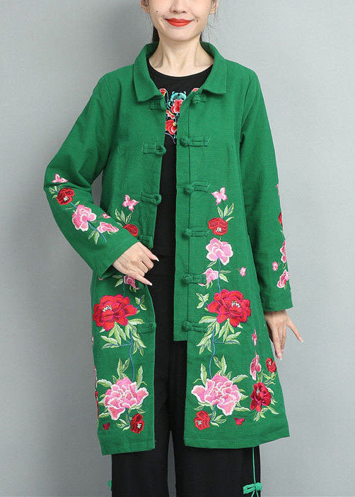 Green Stand Collar Embroideried Cotton Coats Fall