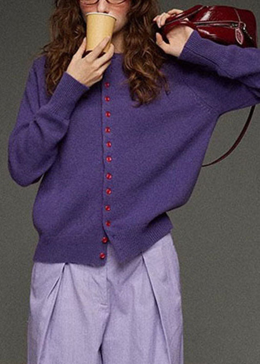 Brief Purple O-neck Button Knit Cardigans Fall