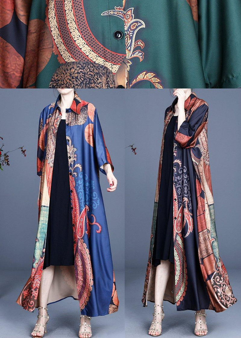 Blue Print Summer Silk Button Cardigan Long