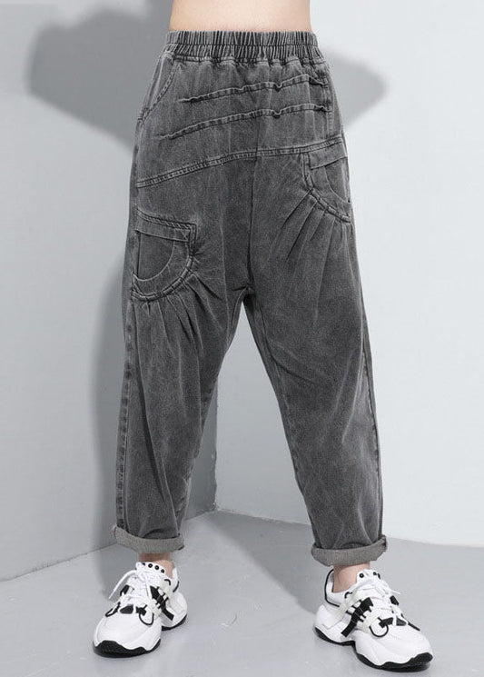 Handmade Black Elastic Waist Pockets Jean Pants Spring