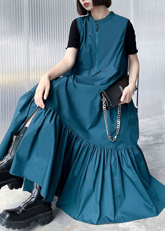 Blue Stand Collar Tie Waist Zip Up Mid Dress Spring