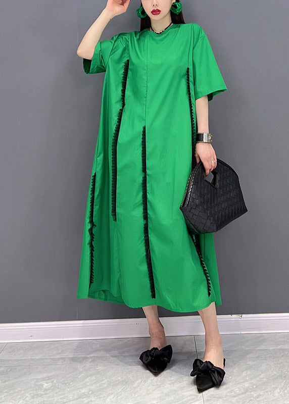 Green O-neck Ruffled Patchwork Pockets Long Dress Short Sleeve