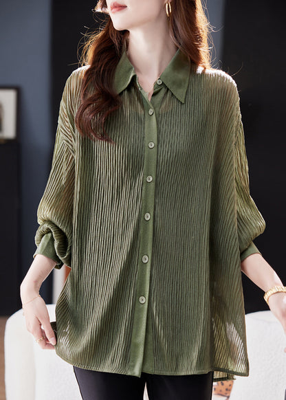 Loose Green Peter Pan Collar Button Chiffon Blouse Tops Spring