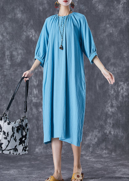 Blue Oversized Button Down Linen Long Dress Bracelet Sleeve