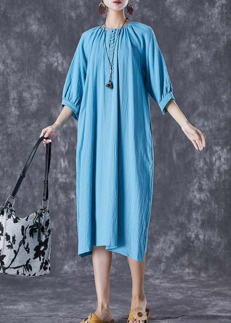 Blue Oversized Button Down Linen Long Dress Bracelet Sleeve