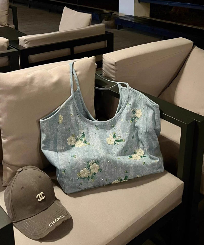 Blue Embroideried Large Capacity Denim Shoulder Bag