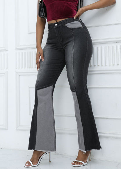French Blue Pockets Patchwork Denim Flared Trousers Summer