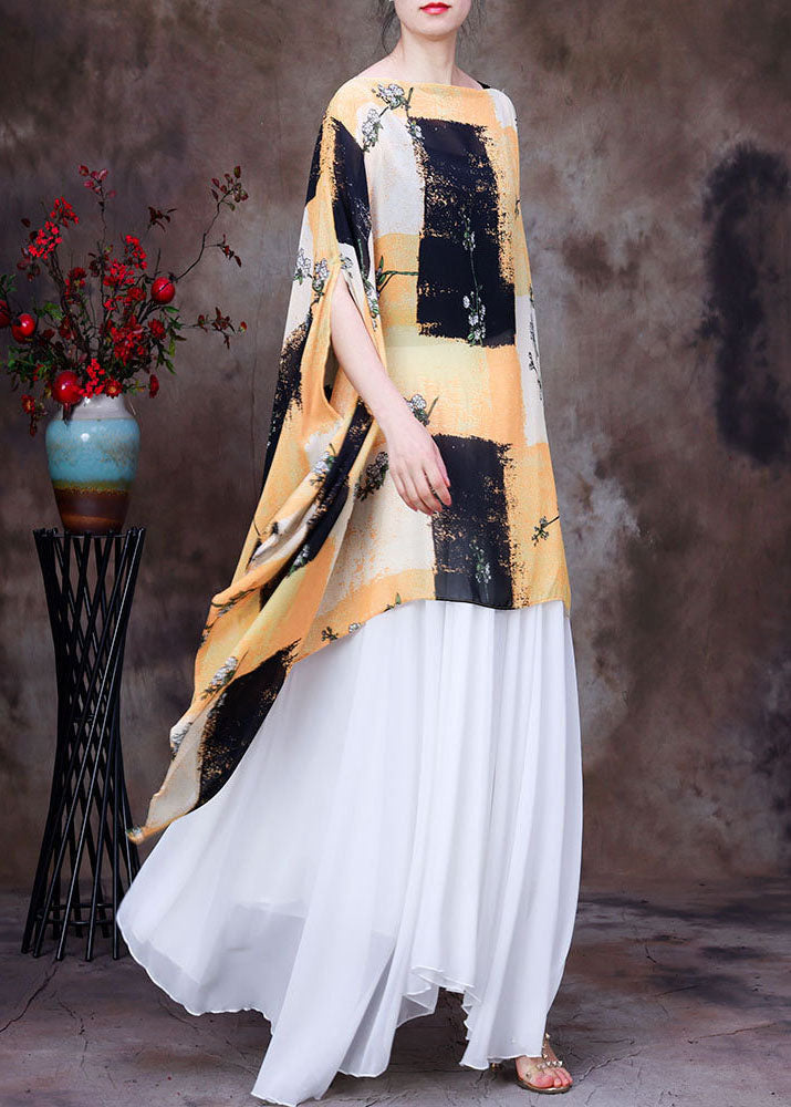 Yellow Black Print Chiffon Upf 50+ Top Asymmetrical Design Batwing Sleeve