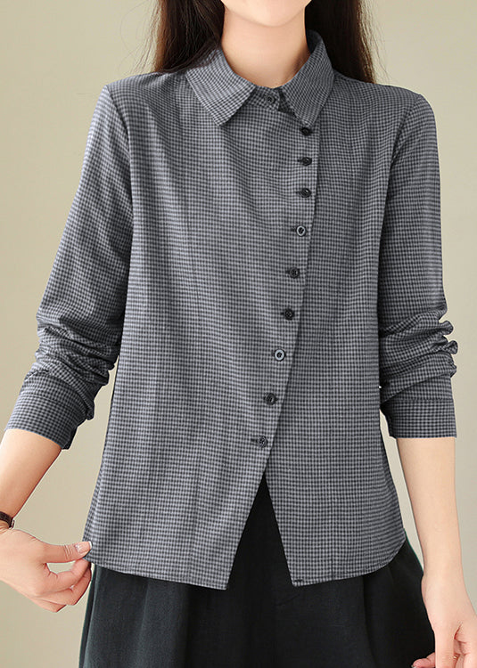 Grey Peter Pan Collar Plaid Cotton Shirts Top Spring