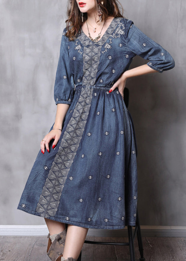 French Blue Elastic Waist V Neck Embroideried Cotton Dresses Half Sleeve