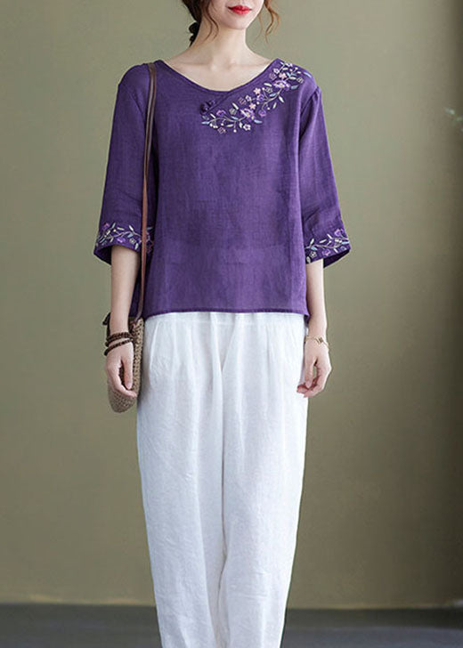 Diy Purple Embroideried Side Open Half Sleeve Top