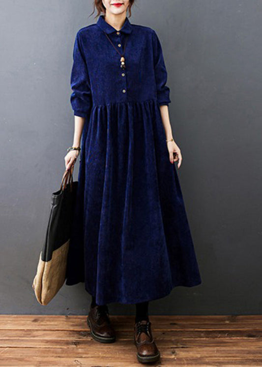 Blue Peter Pan Collar Wrinkled Corduroy Vacation Dresses Long Sleeve