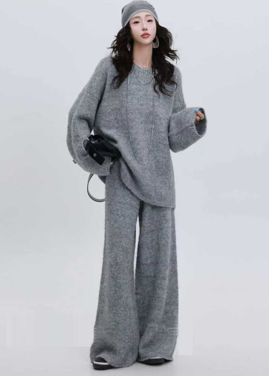 Grey Sequins Thick Knit Two Pieces Set Winter