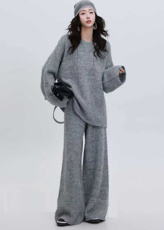 Grey Sequins Thick Knit Two Pieces Set Winter