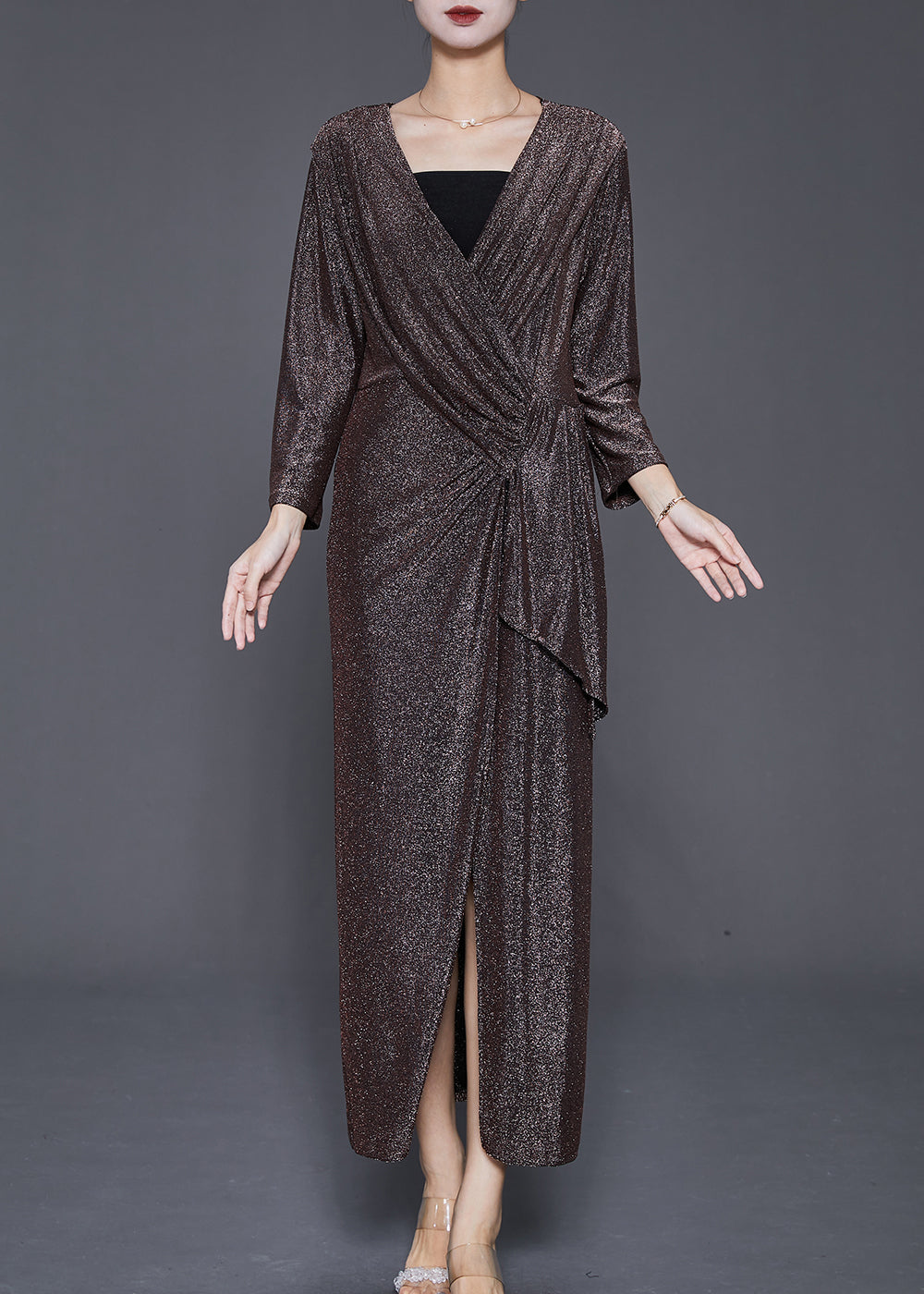 Brown Asymmetrical Side Open Silk Velour Dresses Fall