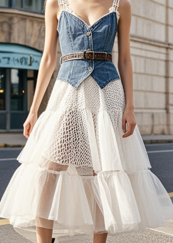 Denim Blue Cinched Patchwork Tulle Vacation Dresses Summer