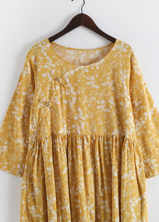 Original Yellow O-neck Wrinkled Print Loose Dresses Three Quarter Sleeve