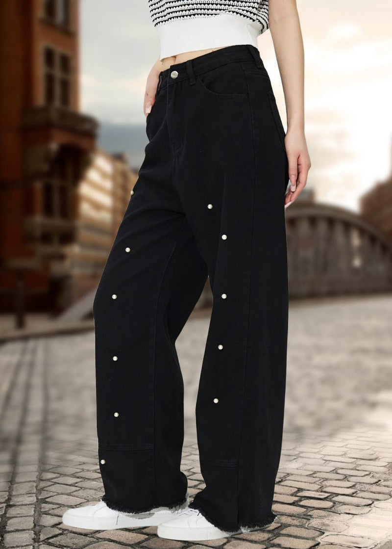 Black Pockets Pearl Straight Denim Pants Spring