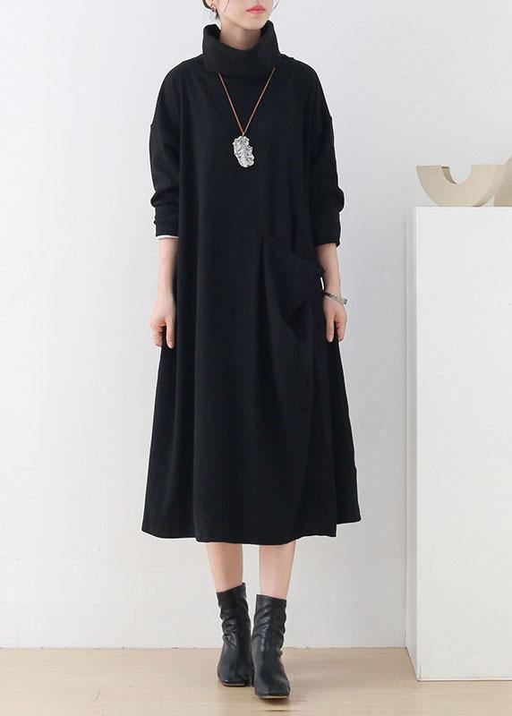 Handmade Black Loose Turtleneck Fall Cotton Dress Long Sleeve