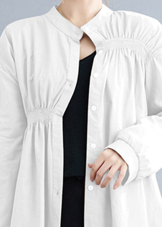 White Stand Collar Button Wrinkled Fall Shirt Top Long Sleeve
