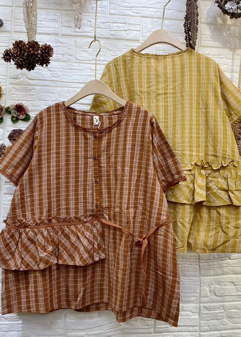 Boutique Yellow Ruffled Loose Plaid Linen Shirt Top Short Sleeve