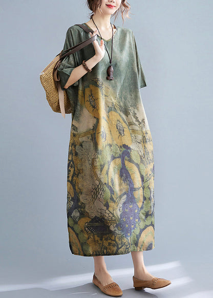 Peacock Green V Neck Print Side Open Dresses Short Sleeve