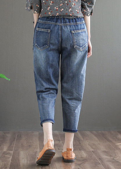Denim Blue Elastic Waist Embroideried Cotton Crop Pants Spring