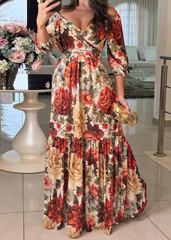 Photo Color V Neck Print Cotton Long Dresses Bracelet Sleeve