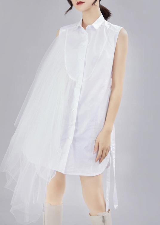 Style White Patchwork Lace Asymmetrical Design Cotton Shirt