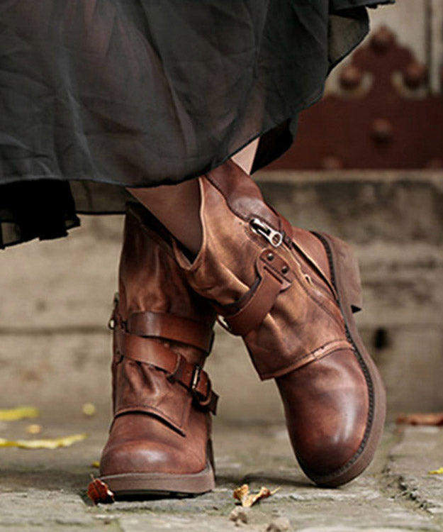 Brown Splicing Cross Strap Boots