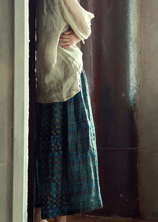 Green Elastic Waist Print Patchwork Linen Skirts Fall