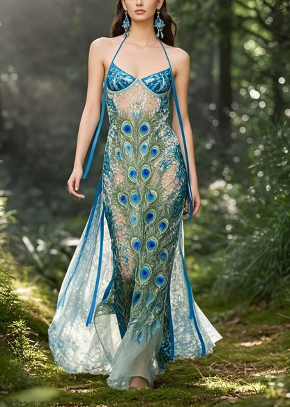 Peacock Blue Print Hollow Out Chiffon Holiday Sundress