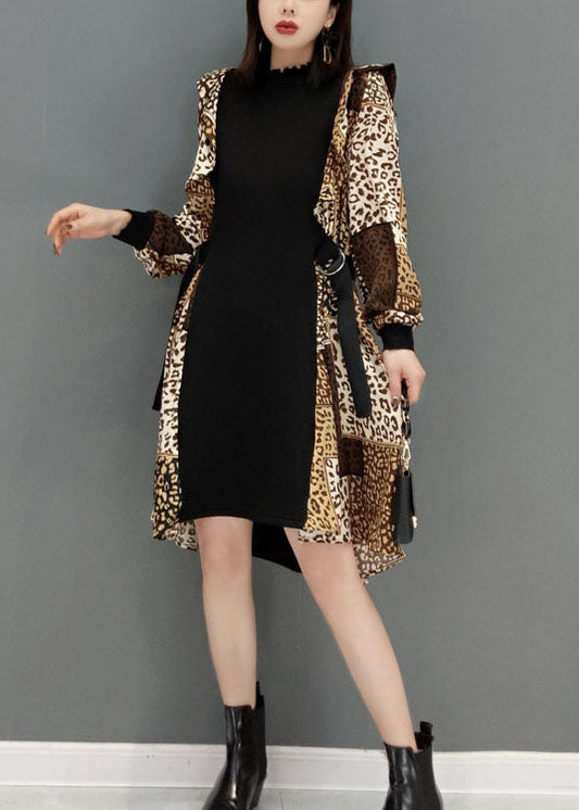Leopard Print Tie Waist Patchwork Chiffon Dresses Spring