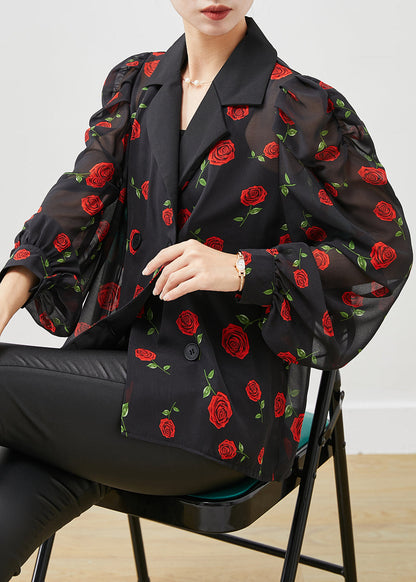 Boutique Black Double Breast Chiffon Shirt Puff Sleeve