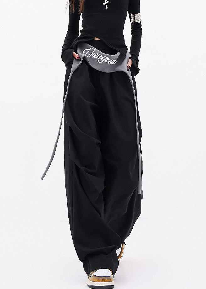 Black Pockets Wrinkled Cotton Wide Leg Pants Fall