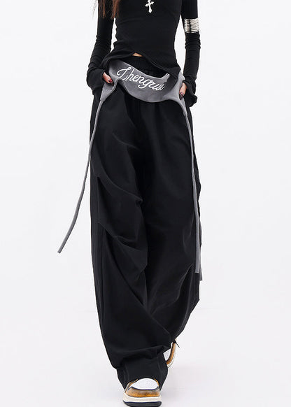 Black Pockets Wrinkled Cotton Wide Leg Pants Fall