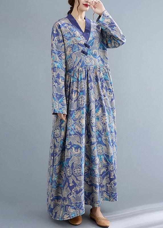 Style Blue Wrinkled V Neck Exra Large Hem Cotton Long Dresses Long Sleeve